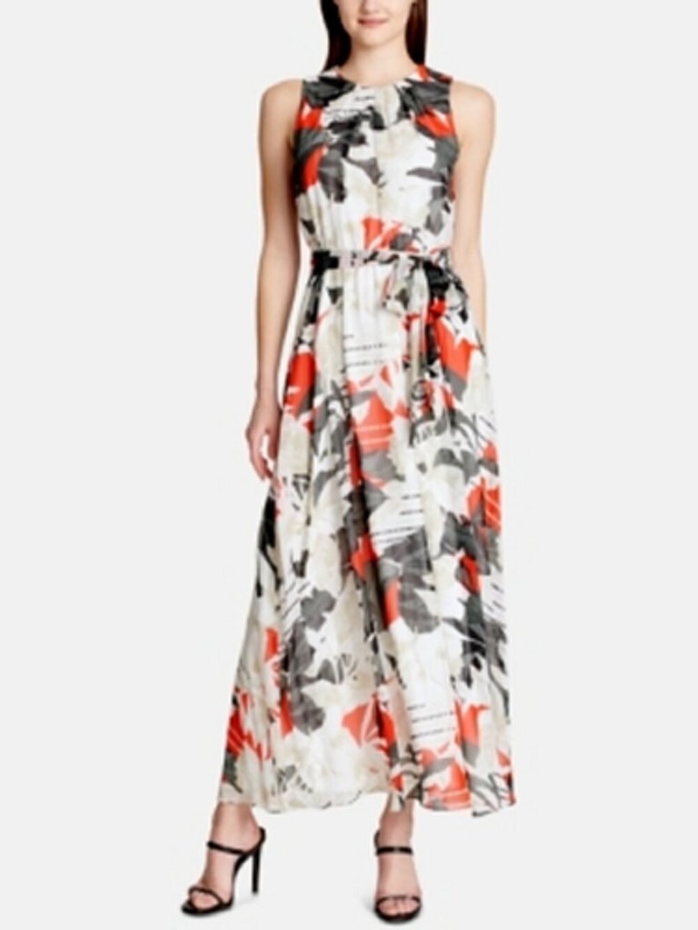 CALVIN KLEIN (Size 4) Chiffon Overlay Floral Dress Maxi Long Red Green White Tie - Picture 16 of 16